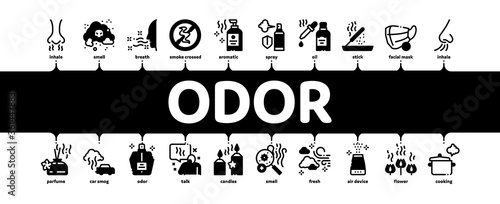 Odor Aroma And Smell Minimal Infographic Web Banner Vector. Nose Breathing Aromatic Odor And Clean Air, Perfume And Oil Bottle, Facial Mask And Candle Illustration