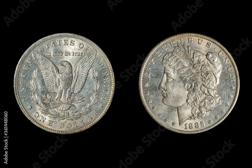 An American 1885 $1 Liberty Head coin. On the reverse side is an eagle with outstretched wings photo