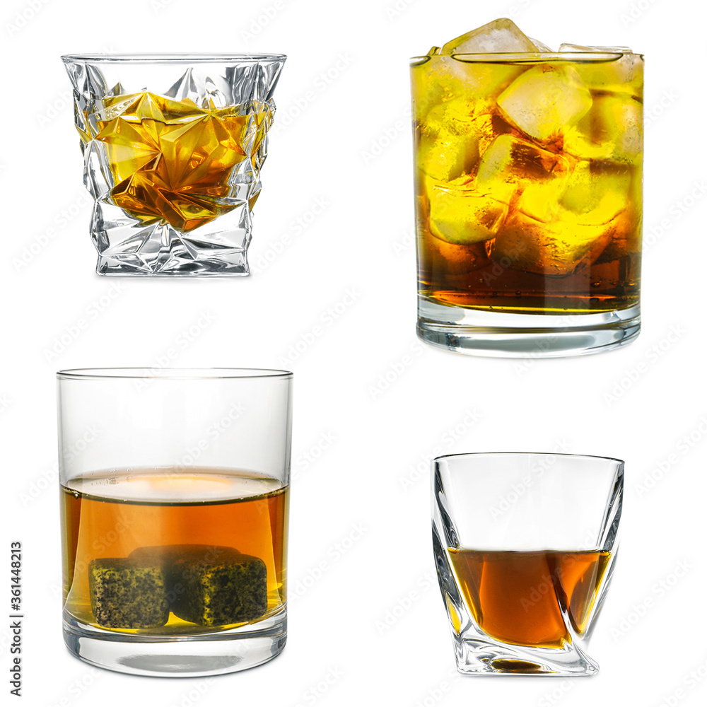 Collage with glasses of whiskey on white background Collage with glasses of whiskey on white background