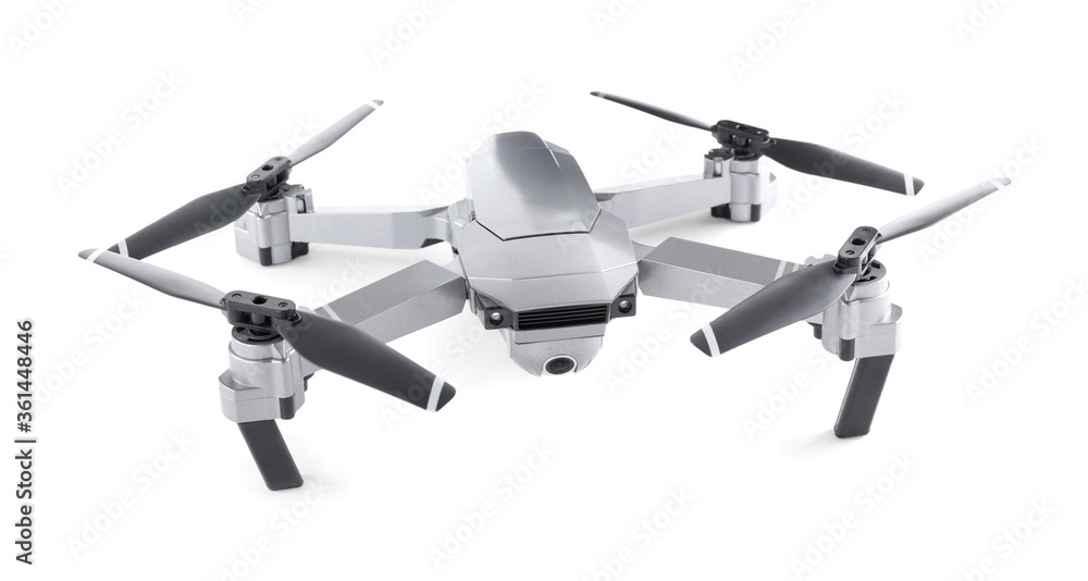 Modern drone with camera isolated on white Modern drone with camera isolated on white