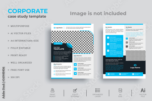 Corporate Case Study Template | Double Side Flyer Template | Business Case Study Booklet Layout with blue elements- vector illustration