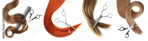 Set with different locks and scissors on white background, top view. Hairdresser service