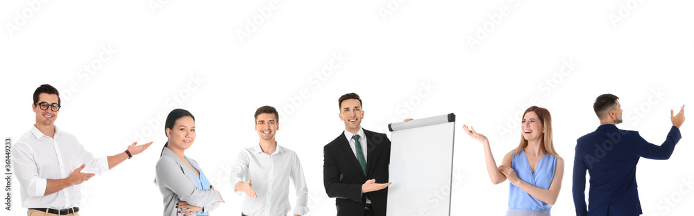Collage with photos of business trainers on white background, banner design Collage with photos of business trainers on white background, banner design