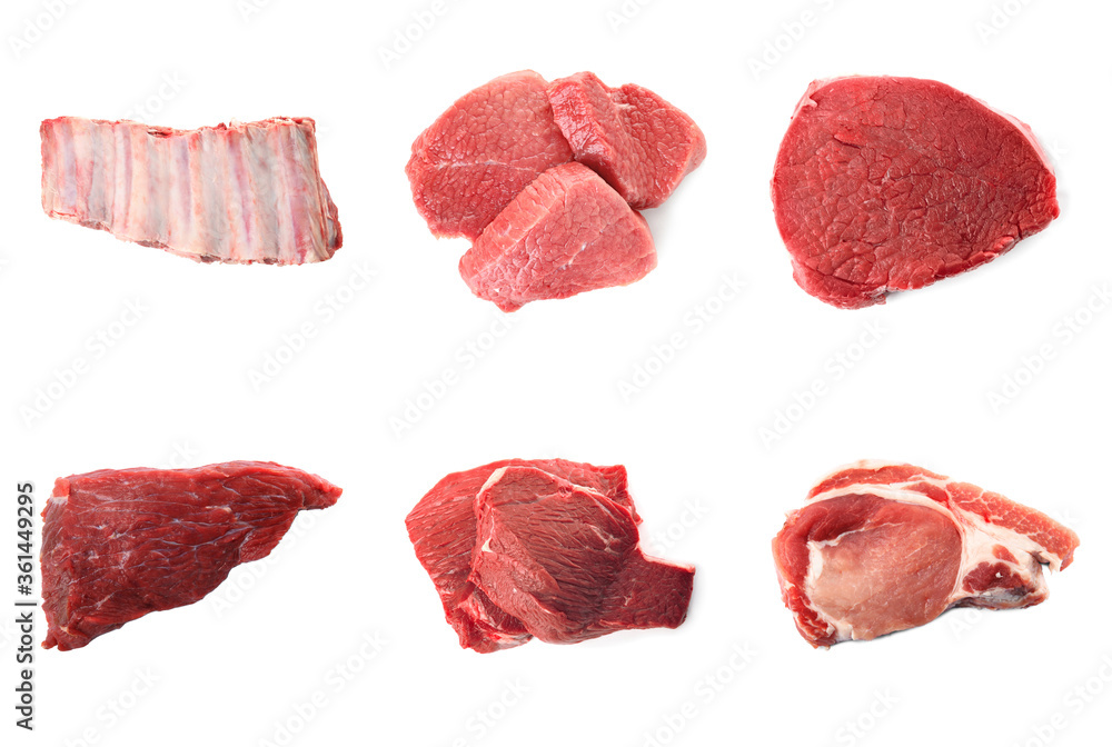 Set with raw meat on white background, top view Set with raw meat on white background, top view