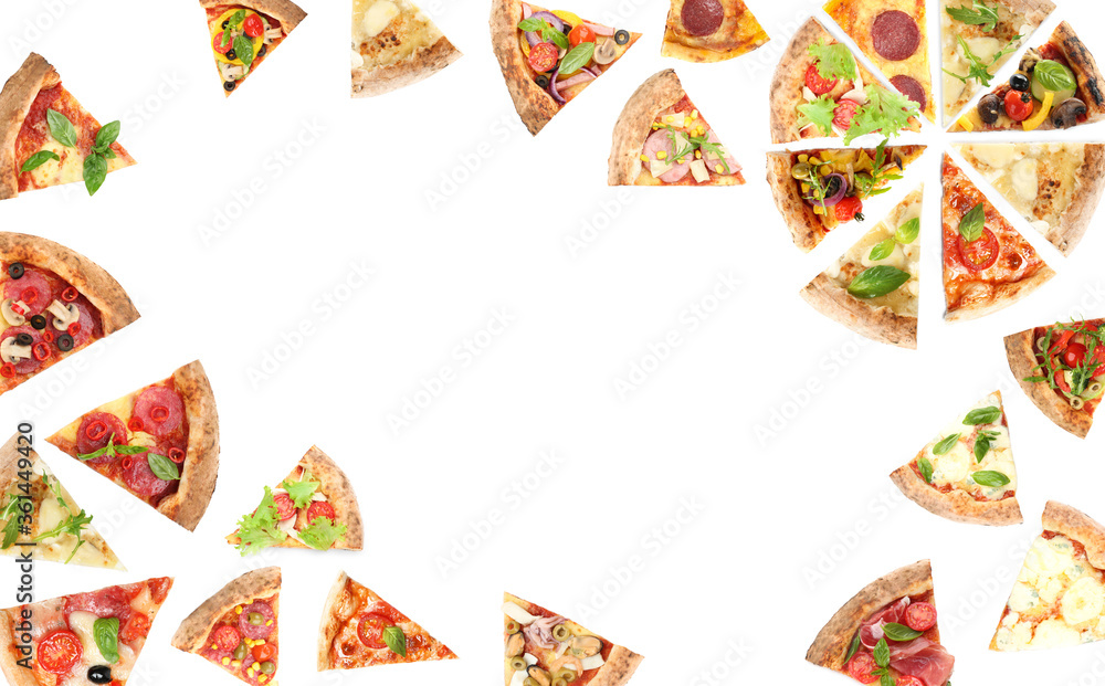 Frame with slices of different pizzas on white background, top view Frame with slices of different pizzas on white background, top view