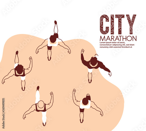 men avatars running and 10k city marathon top view vector design