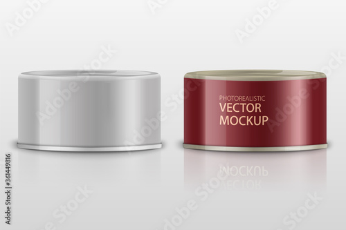 Low-profile matte tuna can with label on white background. Photo-realistic packaging vector mockup template with sample design. Vector 3d illustration.