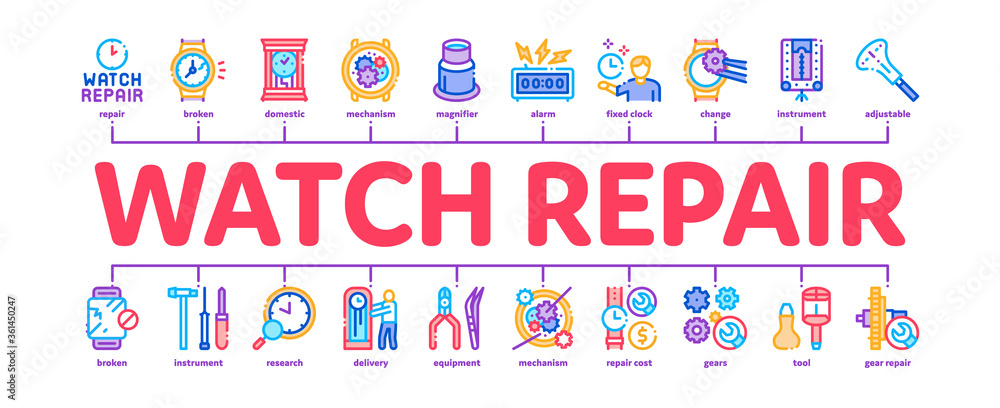 Watch Repair Service Minimal Infographic Web Banner Vector. Watch Change Display Glass And Mechanical Gear, Instrument And Magnifier Illustration Watch Repair Service Minimal Infographic Web Banner Vector. Watch Change Display Glass And Mechanical Gear, Instrument And Magnifier Illustration