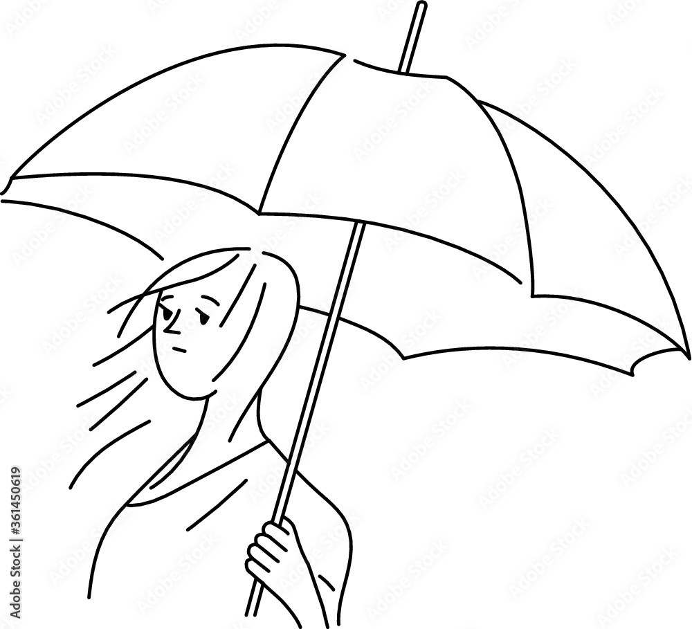 傘をさす悲しげな表情をした若い女性の線画イラスト Stock Vector Adobe Stock