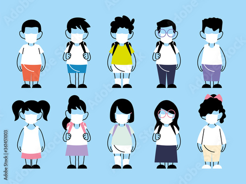 set of kids wearing face mask and social distancing, back to school