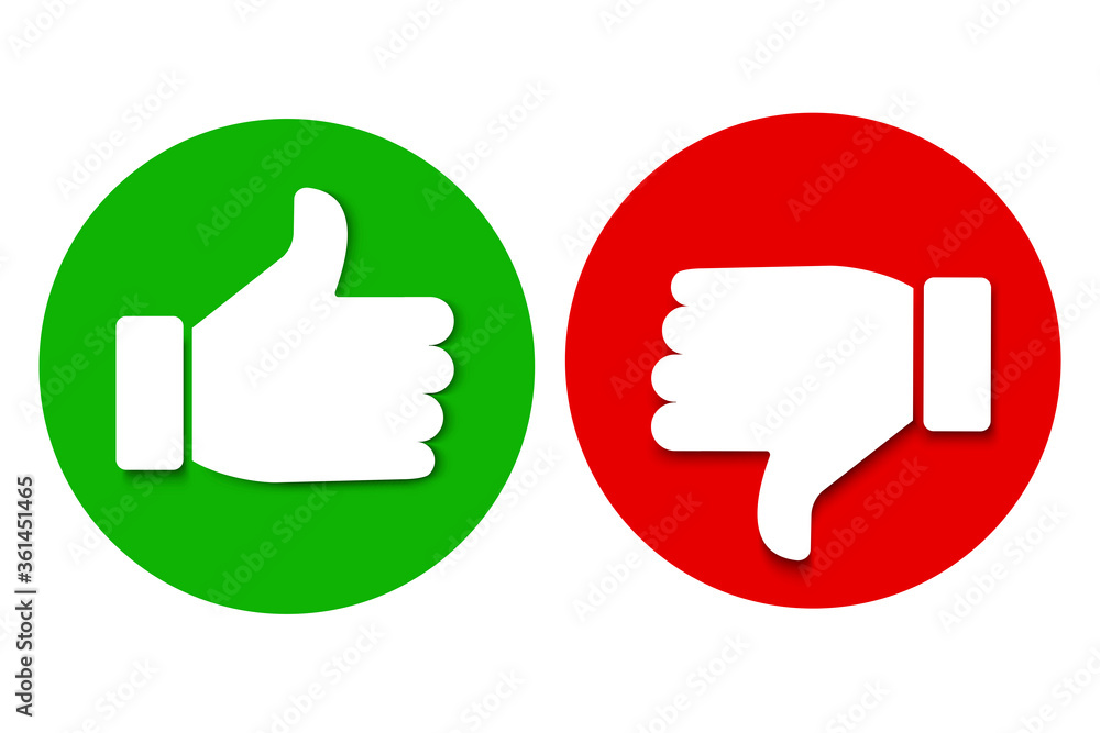 Yes and no icons, like and dislike. Green and red badge of approval and hostility. Thumb up and down. Stock Photo. Yes and no icons, like and dislike. Green and red badge of approval and hostility. Thumb up and down. Stock Photo.