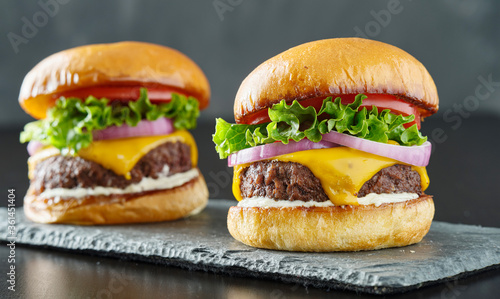 Obraz na plátně two beefy cheeseburgers with american cheese, lettuce tomato and onion