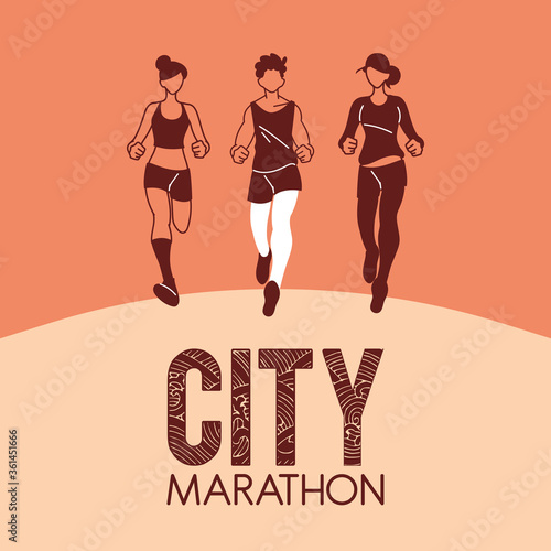 Woman and man running and 10k city marathon vector design