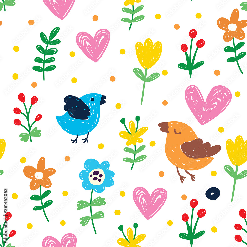 Spring seamless pattern with cute birds