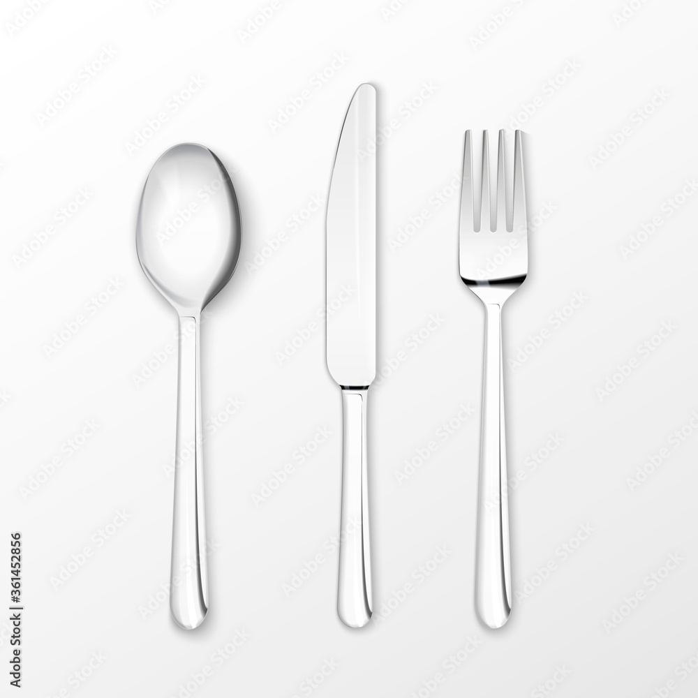 Realistic vector silver spoon, fork and table knife. Realistic vector silver spoon, fork and table knife.