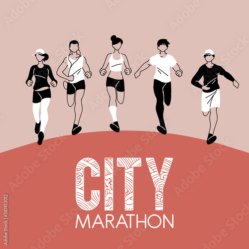 Women and men running and 10k city marathon vector design