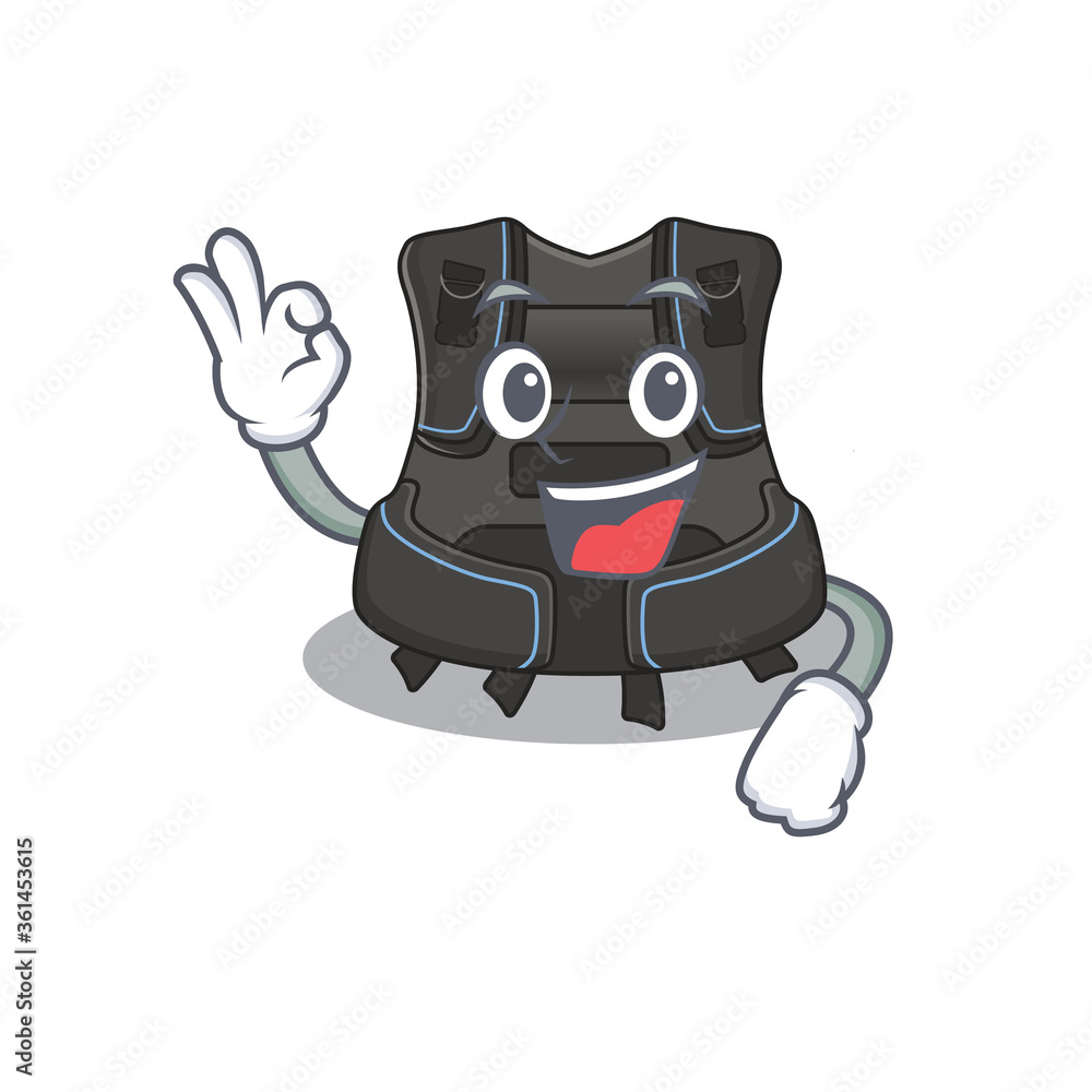Scuba buoyancy compensator cartoon mascot design with Okay finger poses Scuba buoyancy compensator cartoon mascot design with Okay finger poses