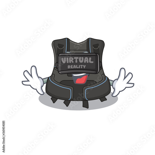 Scuba buoyancy compensator cartoon image play a game with Virtual Reality headset