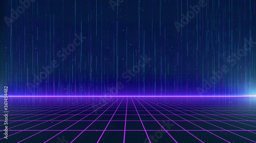 Obraz na płótnie Retro cyberpunk style 80s Sci-Fi Background Futuristic with laser grid landscape. Digital cyber surface style of the 1980`s. 3D illustration w salonie