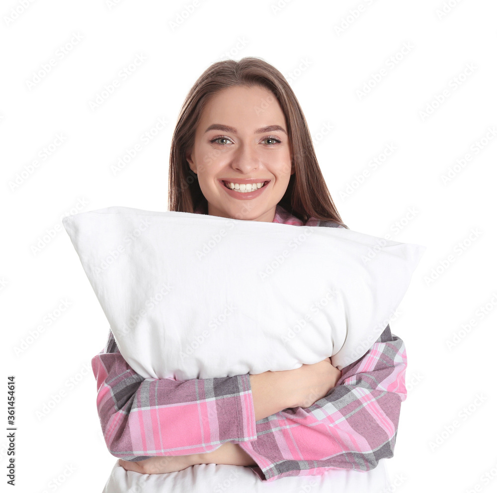 Young woman with pillow on white background Young woman with pillow on white background