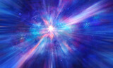 Space background. Exploding star, sun in colorful blue nebula with light rays. Elements furnished by NASA. 3D rendering