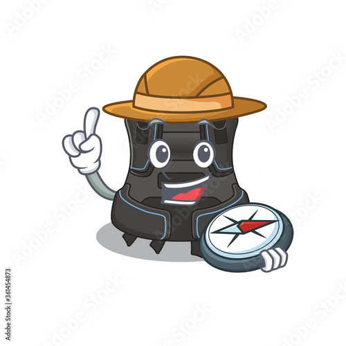 Scuba buoyancy compensator mascot design style of explorer using a compass during the journey