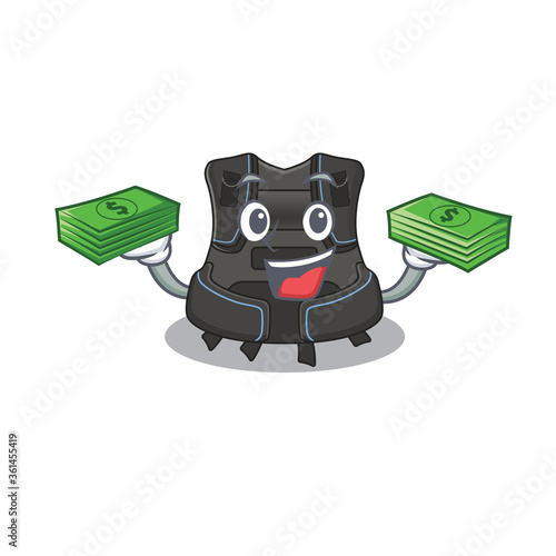 A wealthy scuba buoyancy compensator cartoon character having much money on hands