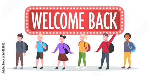 pupils with backpacks standing together welcome back board coronavirus quarantine is over back to school concept full length horizontal vector illustration