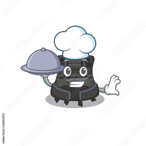 mascot character style of scuba buoyancy compensator chef serving dinner on tray
