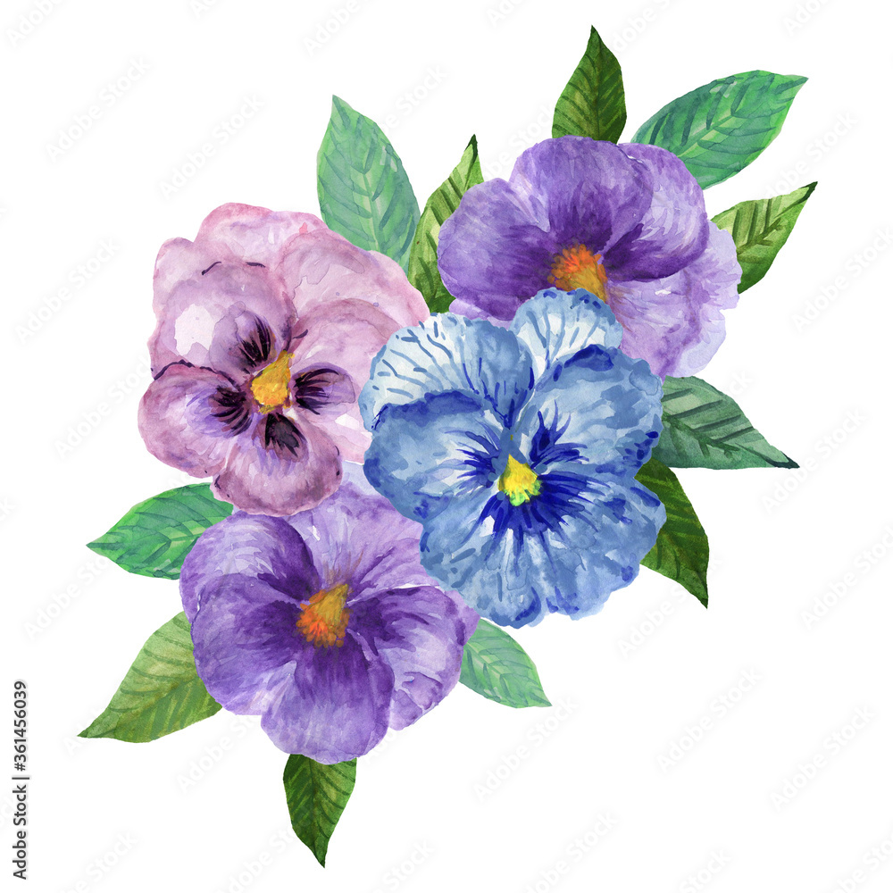 watercolor gouache elegant vintage pansy pink blue purple bouquet label frame border bouquet flower hand painted