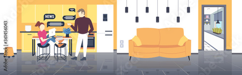 woman reading news on laptop couple chutting during meeting chat bubble communication concept modern kitchen interior full length vector illustration