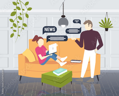 woman reading news on laptop couple chutting during meeting chat bubble communication concept living room interior full length vector illustration
