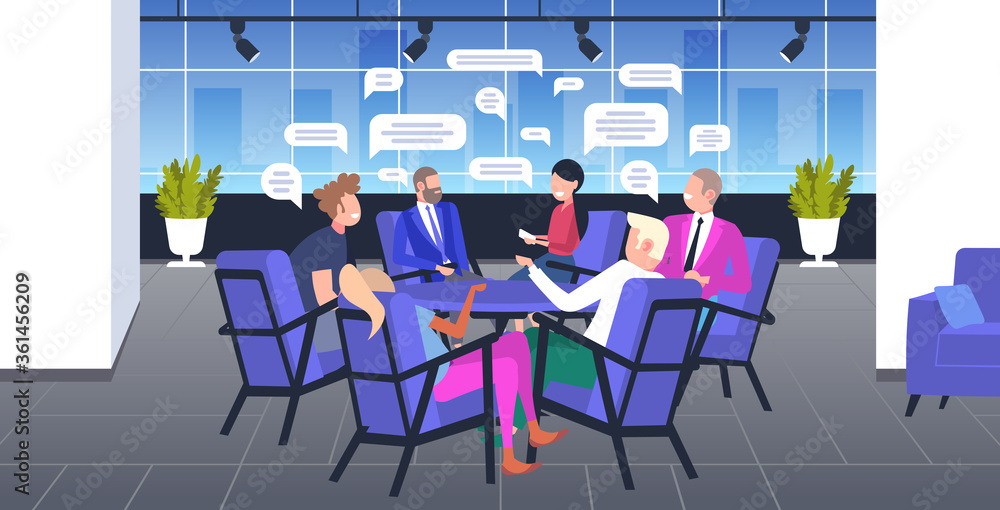 businesspeople chatting during conference meeting chat bubble communication concept business people team discussing at round table office interior horizontal vector illustration businesspeople chatting during conference meeting chat bubble communication concept business people team discussing at round table office interior horizontal vector illustration