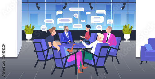 businesspeople chatting during conference meeting chat bubble communication concept business people team discussing at round table office interior horizontal vector illustration