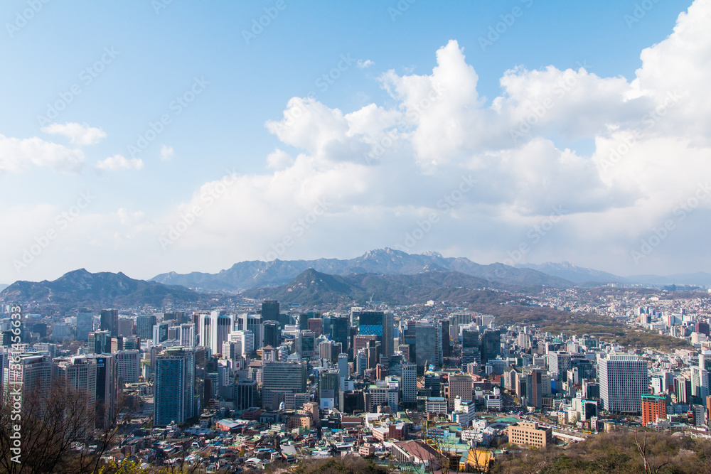 Seoul,South Korea-April 2018: City landscape view from the top of Namsan Mountain. Panoramic city view of Seoul from N Seoul Tower.