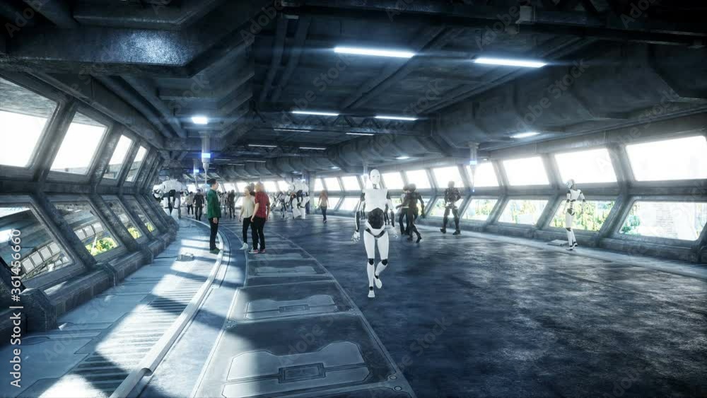 People and robots. Sci fi tonnel. Futuristic traffic. Concept of future. Realistic 4K animation. People and robots. Sci fi tonnel. Futuristic traffic. Concept of future. Realistic 4K animation.