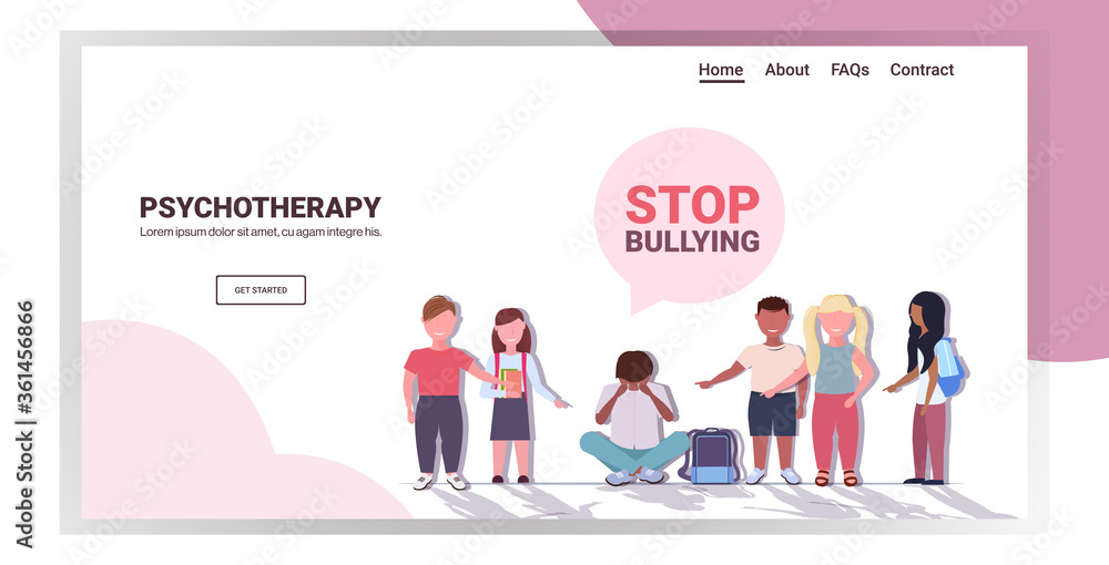 schoolboy being bullied by mix race classmates violence social anxiety stop bullying psychotherapy concept horizontal copy space full length vector illustration schoolboy being bullied by mix race classmates violence social anxiety stop bullying psychotherapy concept horizontal copy space full length vector illustration