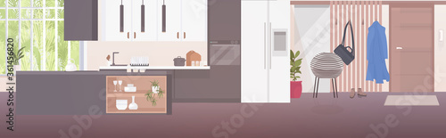 modern open kitchen and hall interior empty no people apartment with furniture horizontal vector illustration