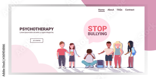 schoolboy being bullied by mix race classmates violence social anxiety stop bullying psychotherapy concept horizontal copy space full length vector illustration