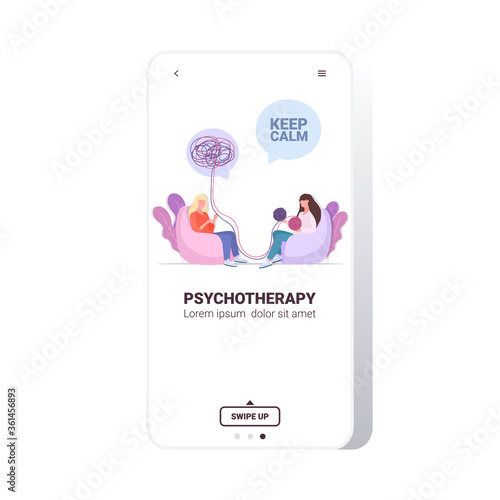 depressed woman visiting psychologist female psychotherapist consulting patient during psychotherapy session mental health concept smartphone screen copy space vector illustration
