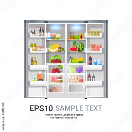 open refrigerator side by side fridge full of fresh food copy space isolated vector illustration