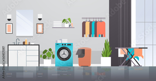 laundry room with washing machine basket ironing board and clothes rack modern bathroom interior horizontal vector illustration