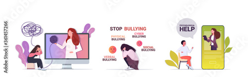 set upset people visiting psychologist depression problems stress bullying psychotherapy concept horizontal full length vector illustration
