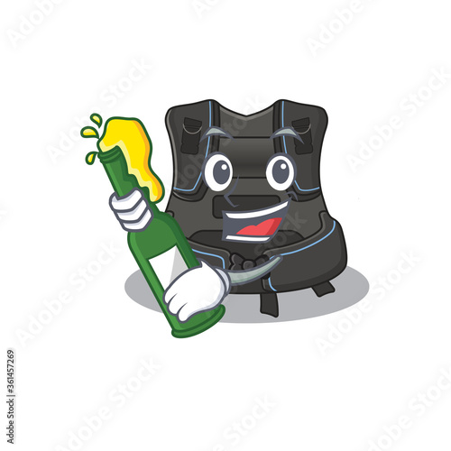 A caricature design style of scuba buoyancy compensator cheers with a bottle of wine