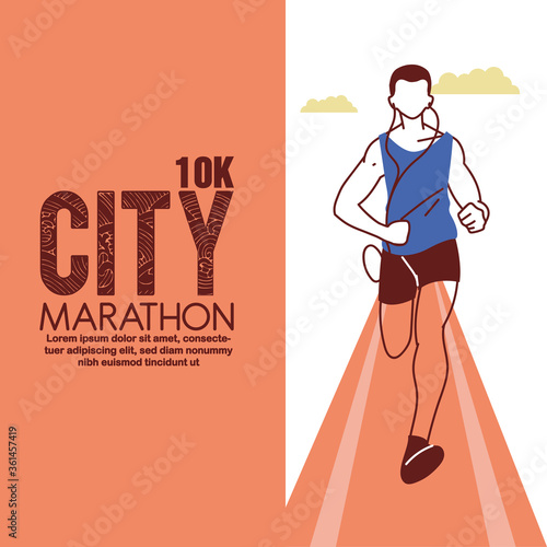 Man avatar running on track and 10k city marathon vector design