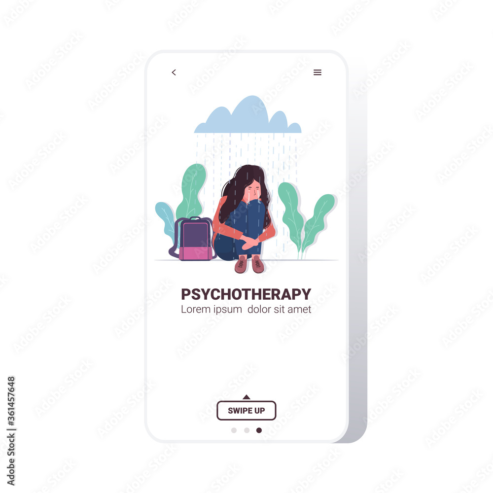 upset woman sitting under rain cloud depression problems stress psychotherapy concept smartphone screen full length copy space vector illustration upset woman sitting under rain cloud depression problems stress psychotherapy concept smartphone screen full length copy space vector illustration