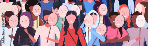 people crowd holding positive masks men women group covering face emotions behind masks fake feeling depression mental disorder concept full length horizontal vector illustration