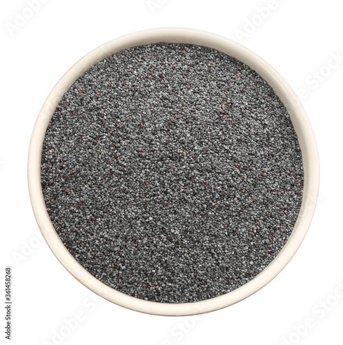 Poppy seeds in bowl isolated on white, top view