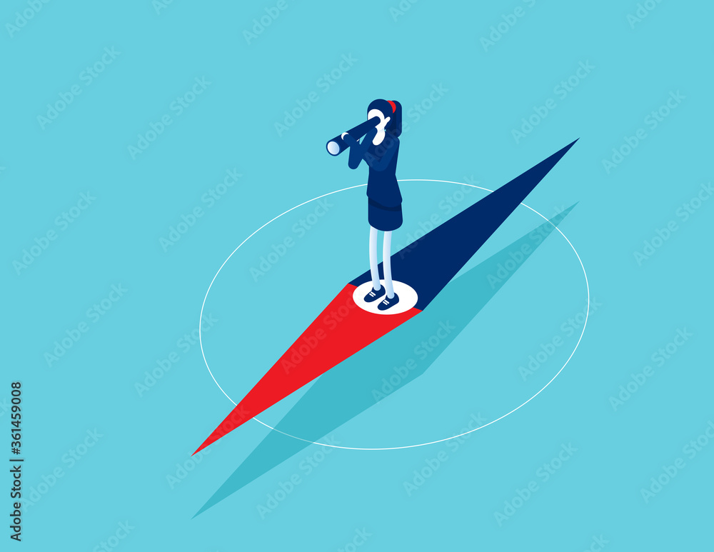 Businesswoman standing on pointer and exploring direction. Looking through telescope Businesswoman standing on pointer and exploring direction. Looking through telescope