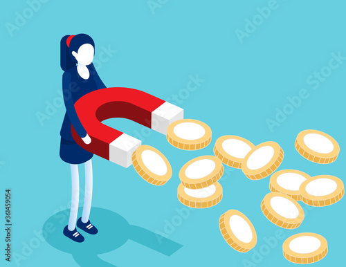Businesswoman holding magnets to attract gold coins. Business wealth